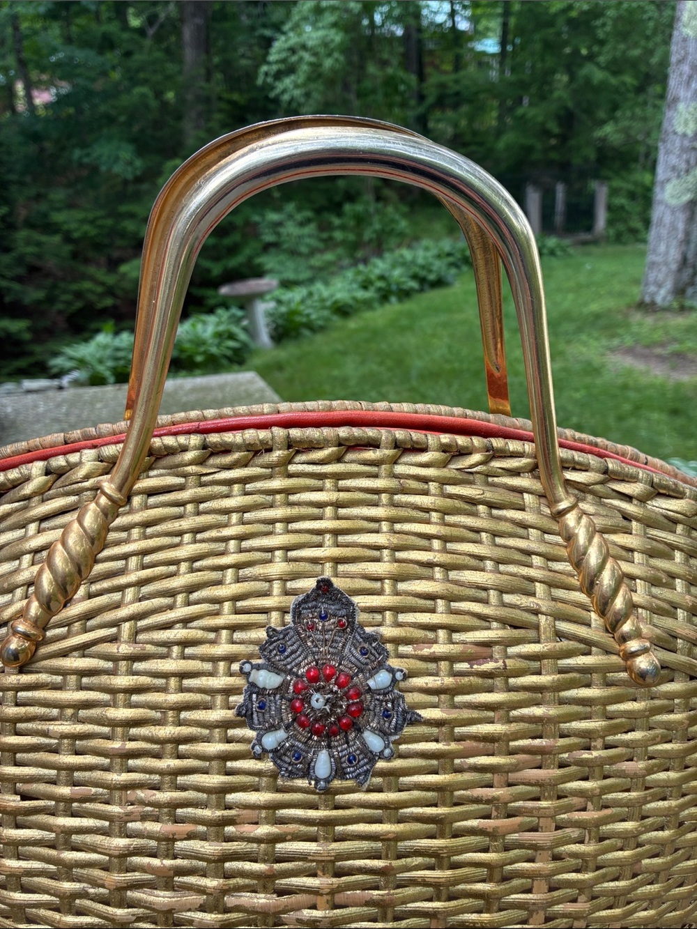 Vintage Koret Gold Woven Bucket Tote Bag with Decorative Medallion - Picture 5 of 13